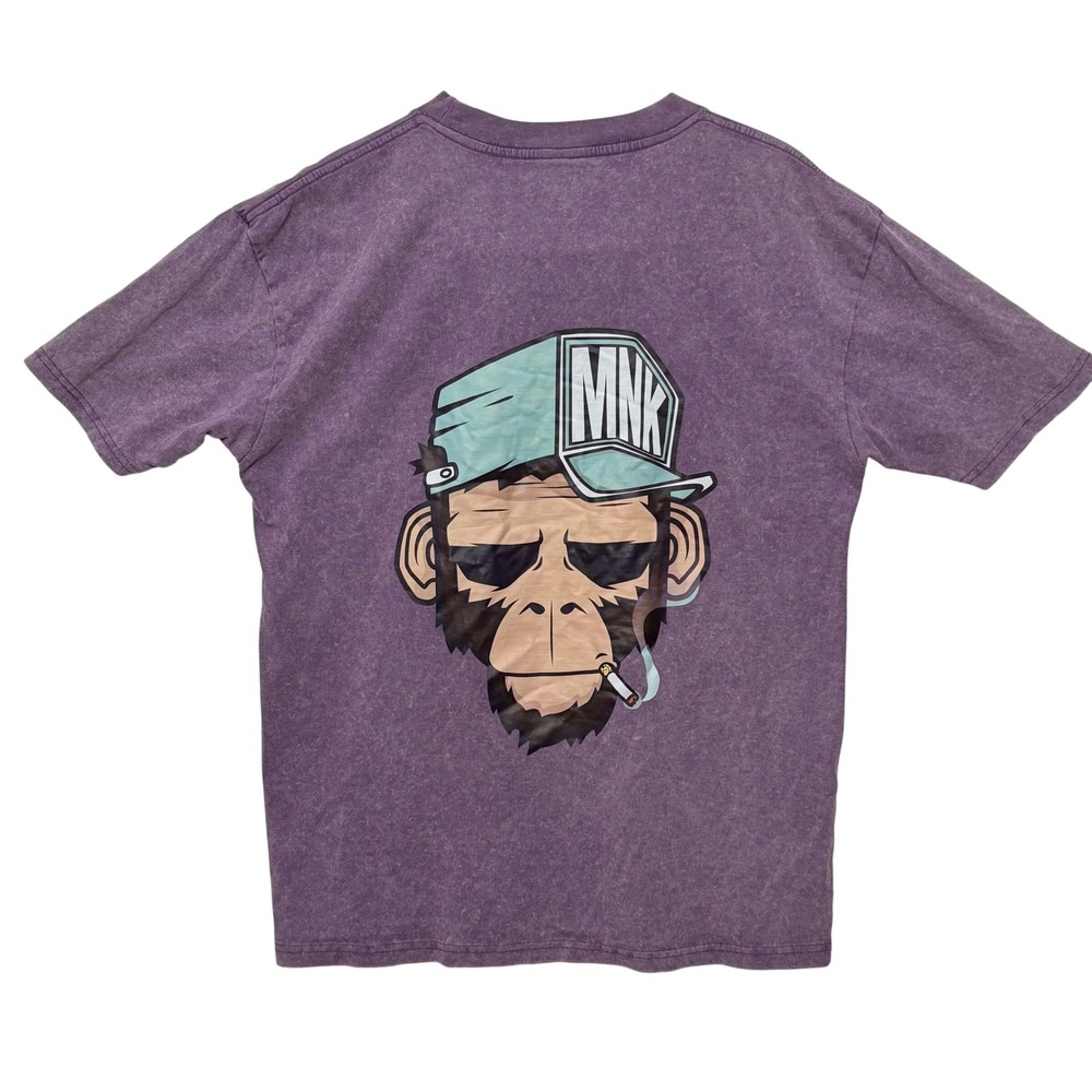HOO Fashion Mens‎ Purple Acid Wash Monkey Graphic T-Shirt MNK Streetwear Tee L